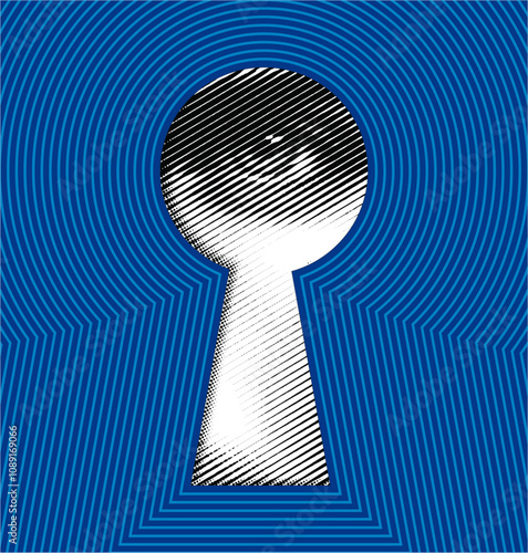 Looking into keyhole on blue background. contemporary art. evoking feelings of mystery and intrigue. conceptual design. 