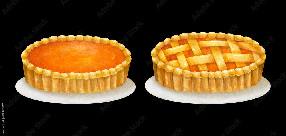 Whole homemade sweet baked pie cake, hand drawn round tart with jam on plate isolated. Pumpkin, carrot, orange color dessert food bake element. Whole homemade sweet baked pie cake, hand drawn round tart with jam on plate isolated. Pumpkin, carrot, orange color dessert food bake element.