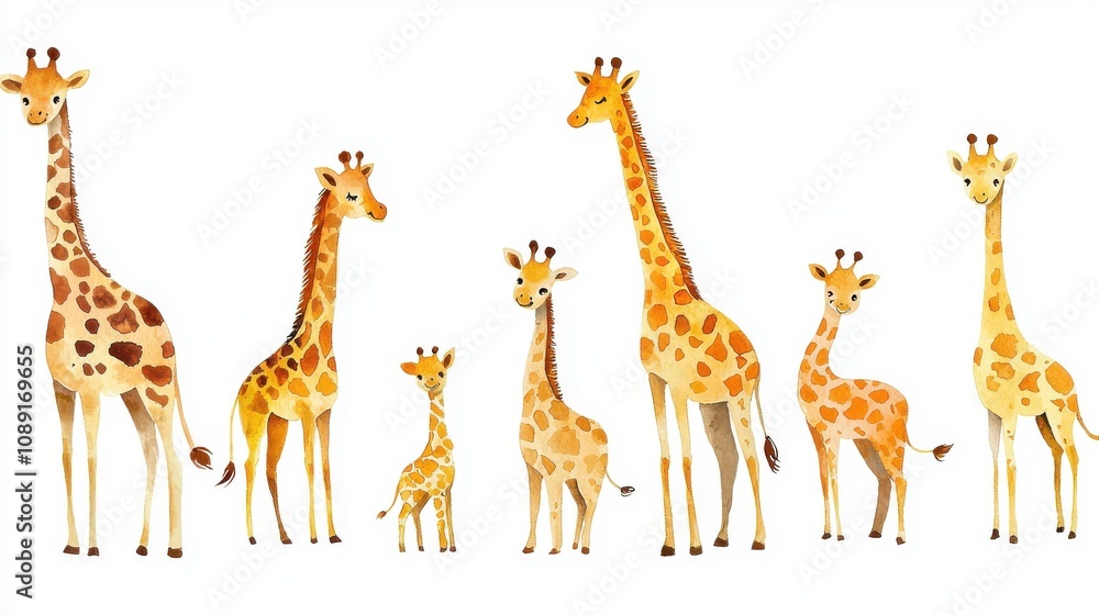 Obraz premium A delightful collection of watercolor giraffes, showcasing varying sizes and expressions in a playful, artistic style.