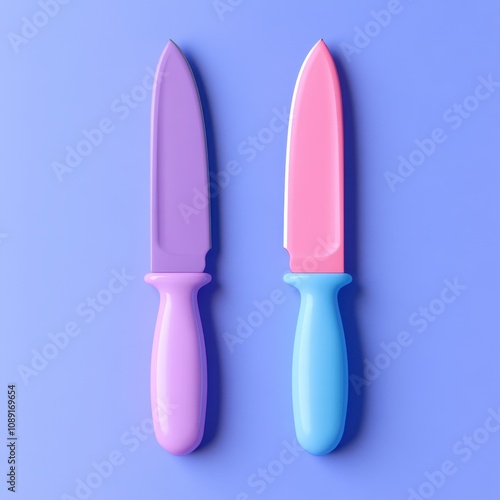 Pastel-Colored Kitchen Knives on Blue Background