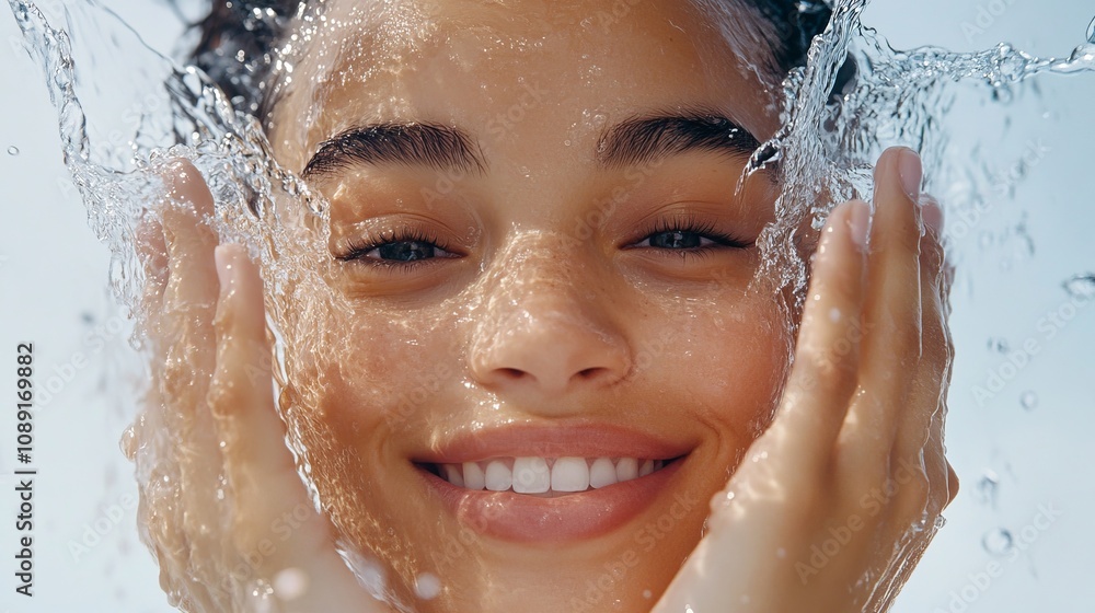 Close-Up of a Woman with Radiant Skin and Splashing Water Close-Up of a Woman with Radiant Skin and Splashing Water