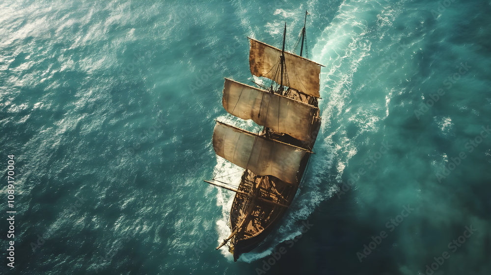 Fototapeta premium Aerial view of pirate ship sailing on ocean waves, adventure awaits!