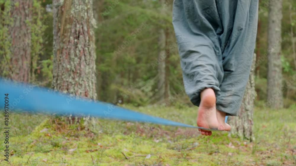 Close-up of person balancing on a slackline in a forest Close-up of person balancing on a slackline in a forest