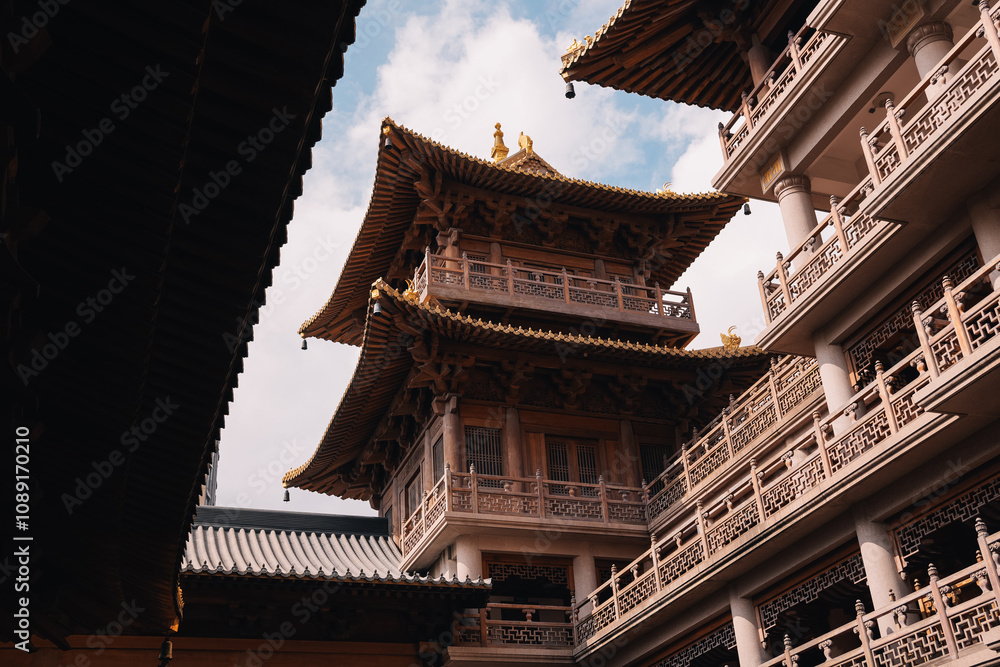 Horizontal view of Chinese traditional building in the Jingan Temple, in the center of Shanghai, China Horizontal view of Chinese traditional building in the Jingan Temple, in the center of Shanghai, China