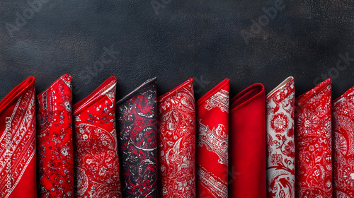 Vibrant red bandanas arranged in row, showcasing intricate patterns and textures