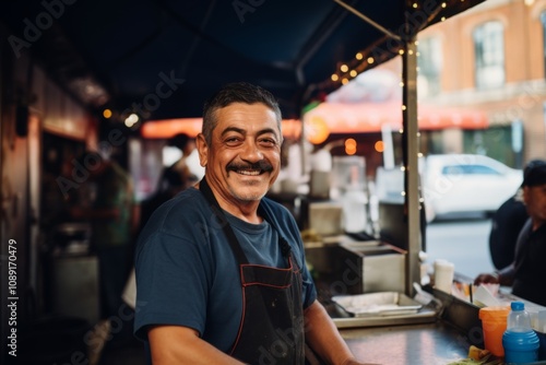 Smiling portrait of a middle aged Mexican man working at food truck