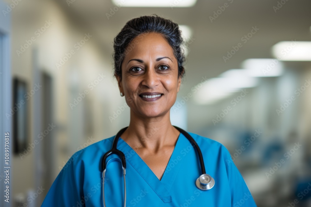 Smiling portrait of a middle aged female Indian nurse in hospital Smiling portrait of a middle aged female Indian nurse in hospital