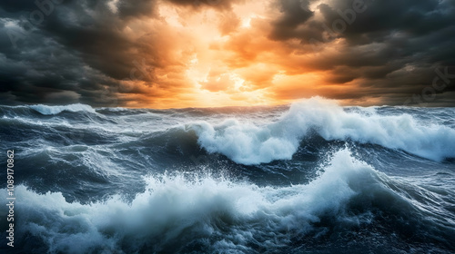 Dramatic sunset over turbulent ocean waves with dark storm clouds