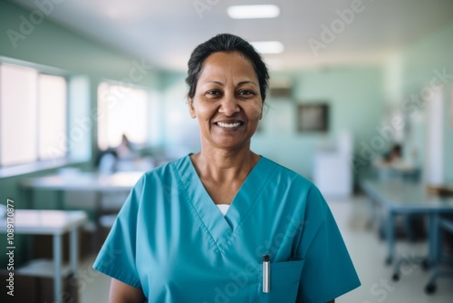 Smiling portrait of a middle aged female Indian nurse in hospital