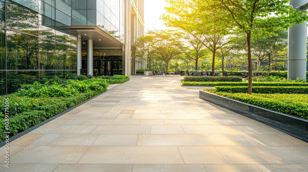 A serene pathway lined with greenery and sunlight, leading to a modern building. A serene pathway lined with greenery and sunlight, leading to a modern building.