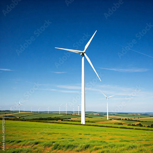 A field of wind turbines generating clean energy under a bright blue sky