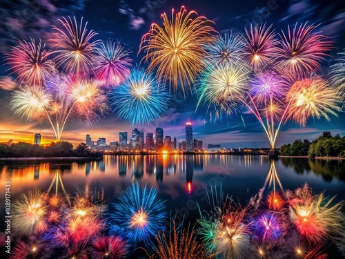 Dazzling Fireworks Light Up the Night Sky with Vibrant Colors and Explosions, Creating a Stunning Display for Celebrations and Events in Urban Settings