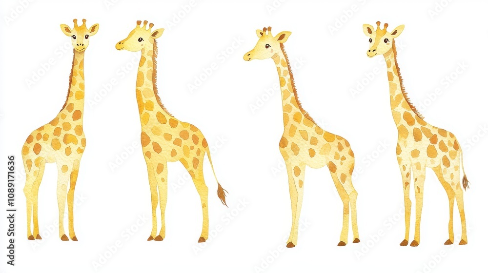 Obraz premium Four adorable giraffes standing gracefully, showcasing their distinct patterns and stature in a whimsical, artistic style.