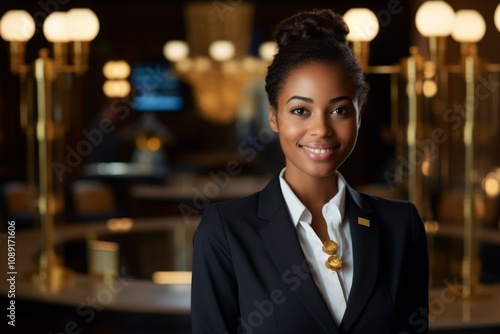 Portrait of a smiling young female African American hotel receptionist photo