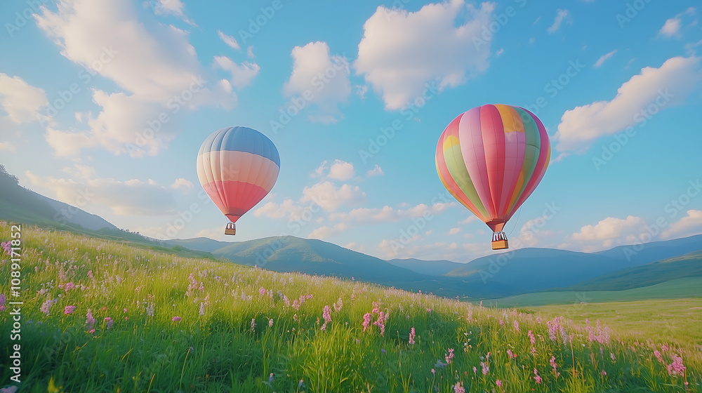 Fototapeta premium Colorful hot air balloons floating over a green field against a blue sky on a sunny day