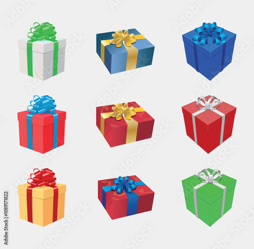 Web, 3D Illustration of red giftboxes wrapped with gold ribbon open and close mockups in different angle isolated on light pink background. Suitable for birthday party and festive celebration.
