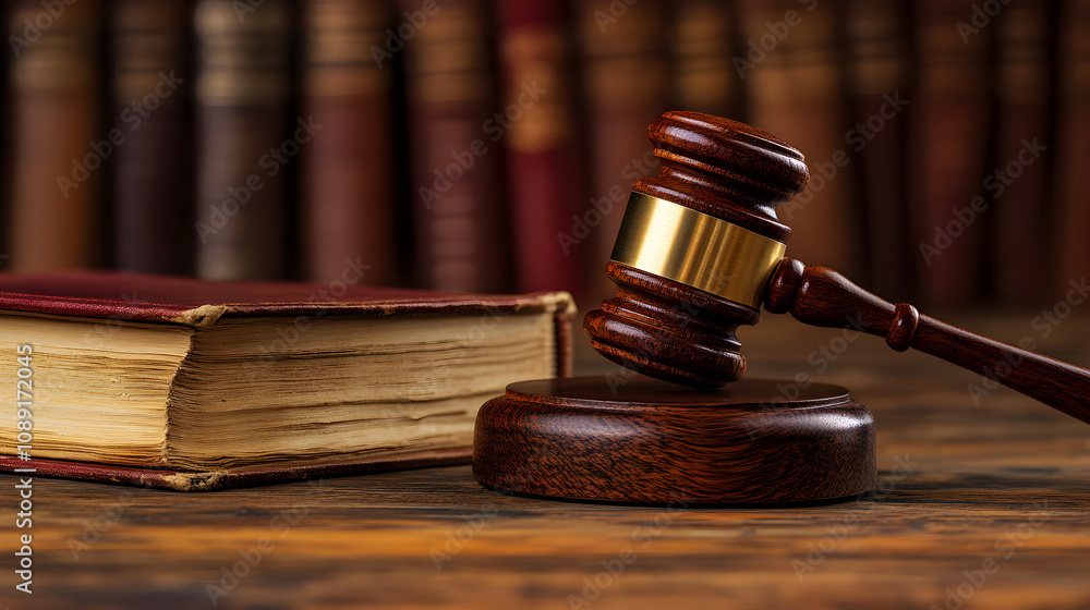Wooden judge gavel on wooden desk with legal books in background Wooden judge gavel on wooden desk with legal books in background