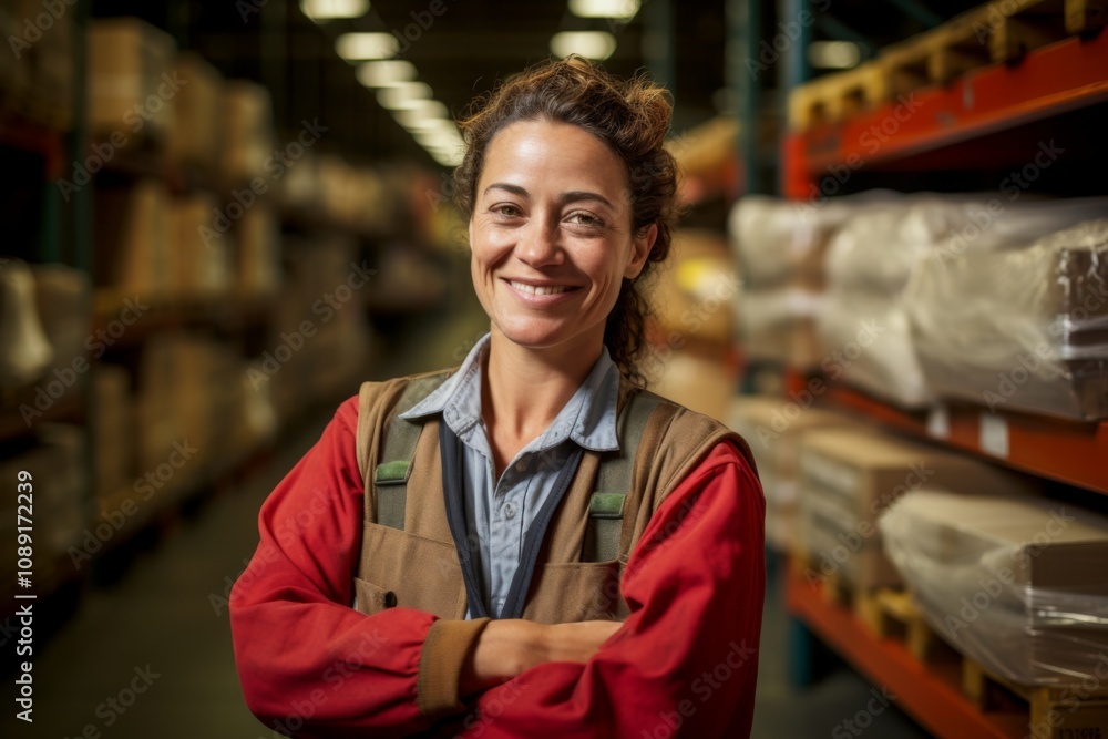 Portrait of a joyful middle aged female warehouse worker Portrait of a joyful middle aged female warehouse worker