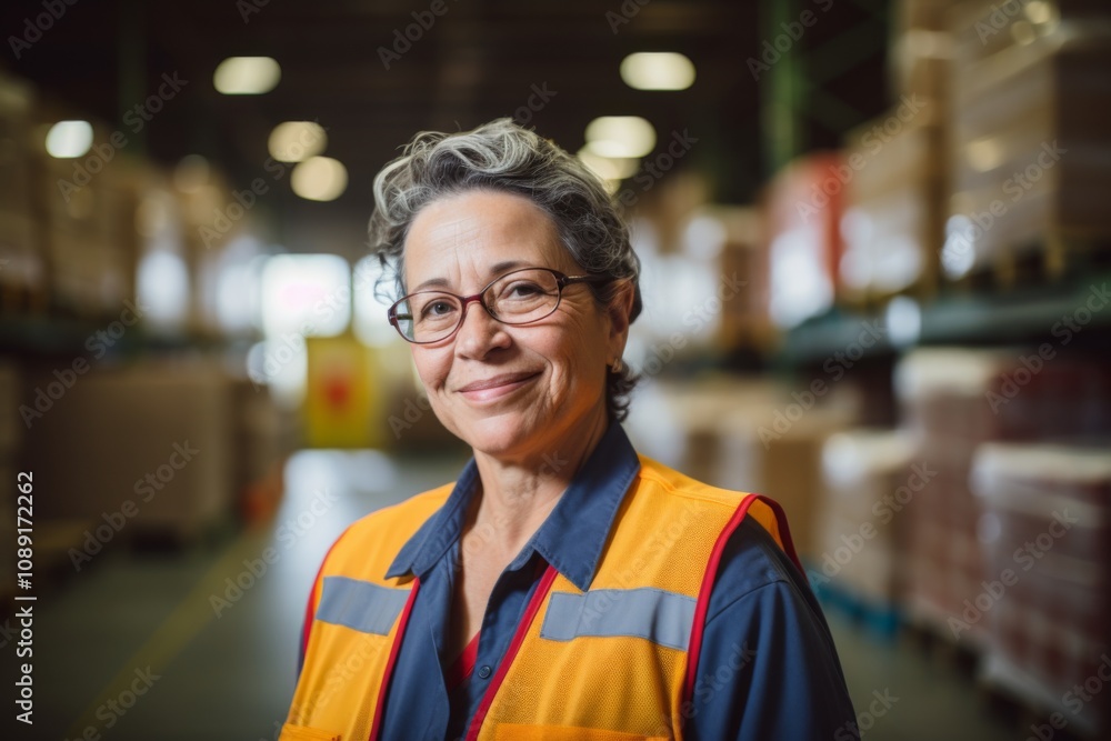 Portrait of a joyful middle aged female warehouse worker Portrait of a joyful middle aged female warehouse worker