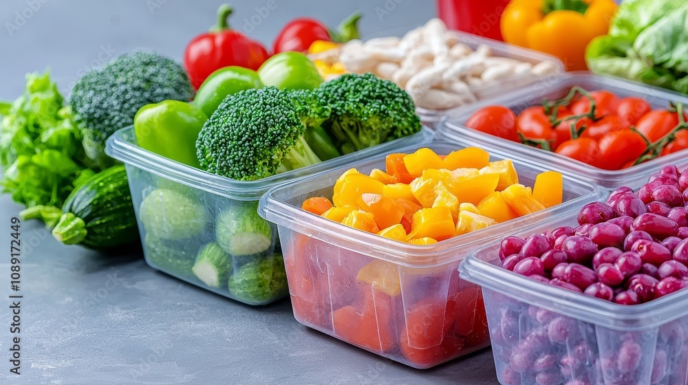 Fresh vegetables and grains prepped in containers for portion control and diet planning. Fresh vegetables and grains prepped in containers for portion control and diet planning.