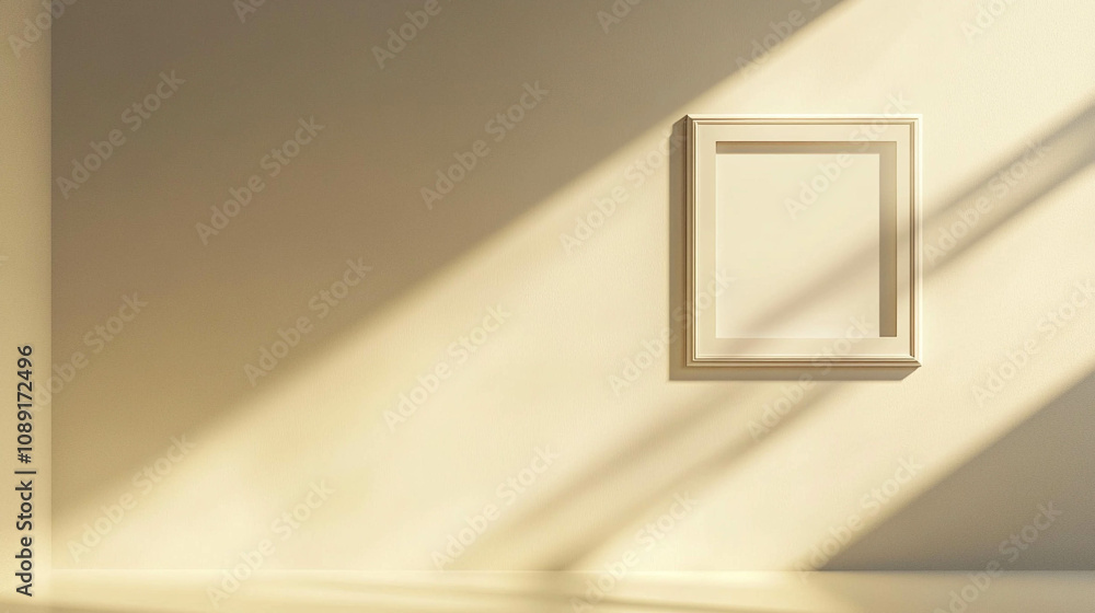 A light beige wall with a frame on the wall with a light spot focusing on it A light beige wall with a frame on the wall with a light spot focusing on it