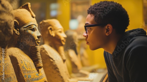 A Young Student Examines Ancient Egyptian Artifacts at a Museum, Engaging Deeply with Historical Culture and Learning from Remarkable Displays