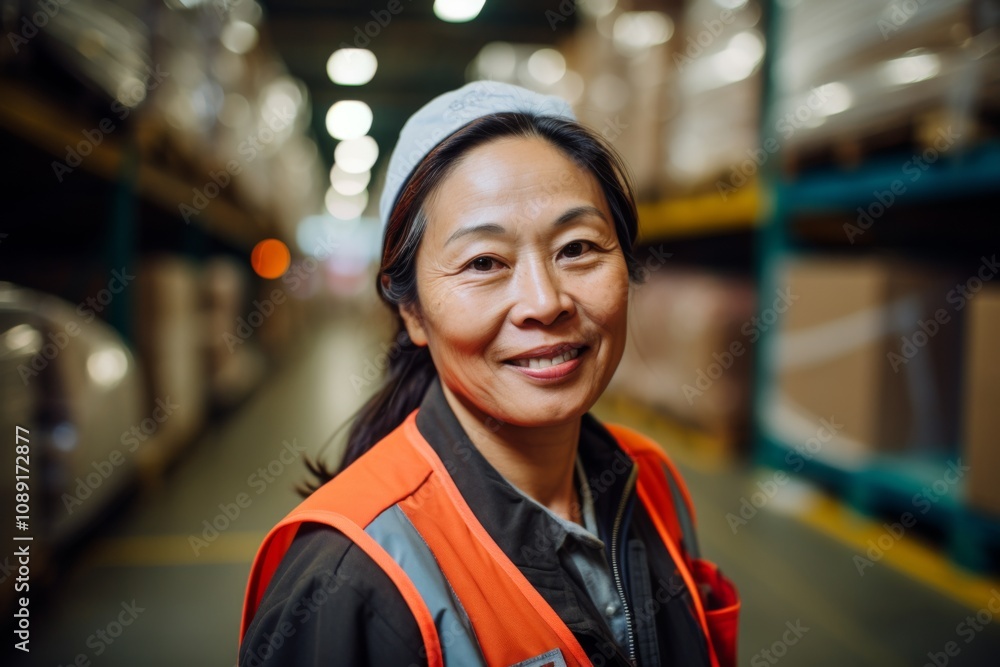 Portrait of a joyful middle aged female warehouse worker Portrait of a joyful middle aged female warehouse worker
