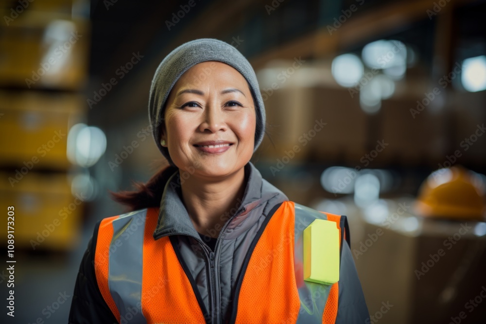 Portrait of a joyful middle aged female warehouse worker Portrait of a joyful middle aged female warehouse worker
