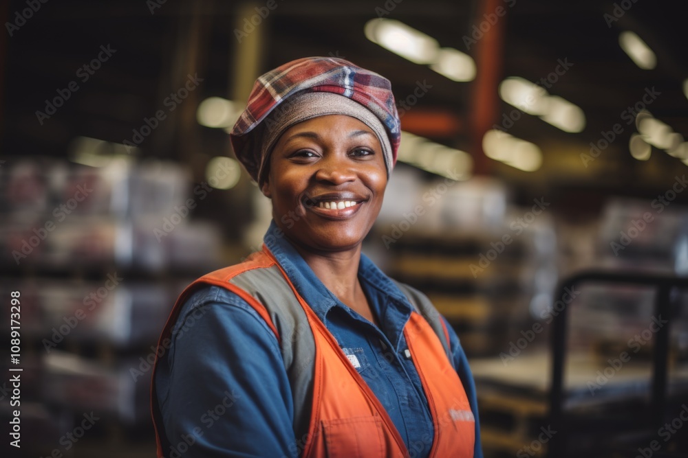 Portrait of a joyful middle aged female warehouse worker Portrait of a joyful middle aged female warehouse worker
