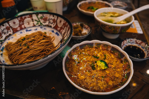 Crab meat noodles soup, a very popular dish in Shanghai where it is common that the workers of the restaurant peal the crab meat in front of the customers; China photo