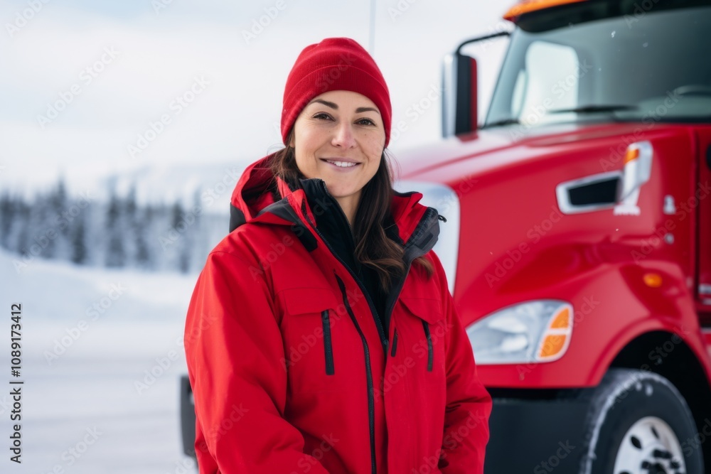 Female truck driver in red jacket standing in front of semi-truck in snowy landscape Female truck driver in red jacket standing in front of semi-truck in snowy landscape