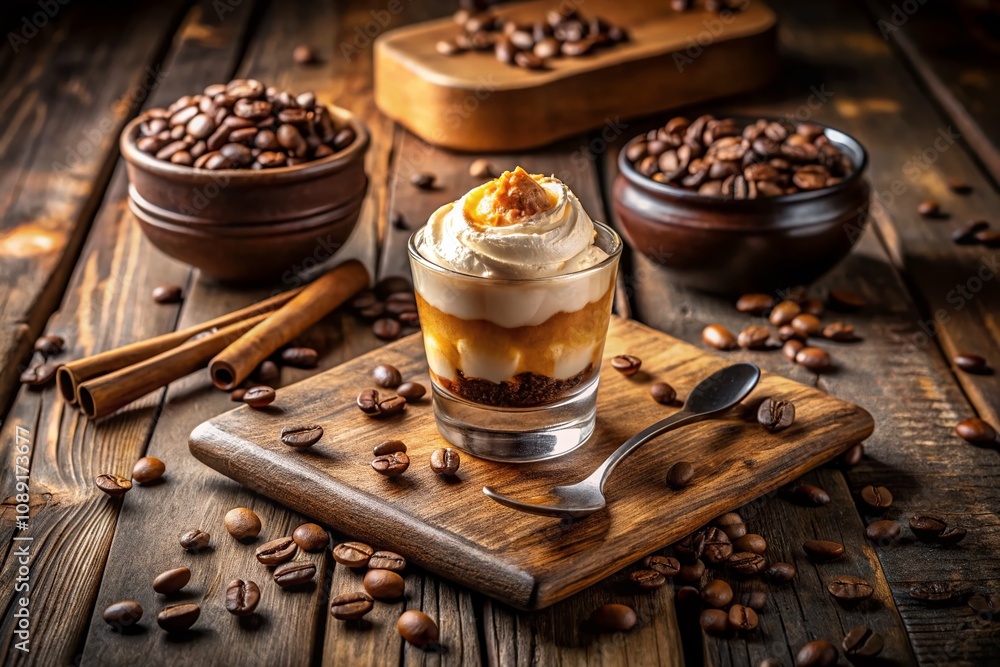 Delightful Coffee Dessert with Ice Cream and Coffee Beans on a Rustic Wooden Table Perfect for Urban Exploration Photography Delightful Coffee Dessert with Ice Cream and Coffee Beans on a Rustic Wooden Table Perfect for Urban Exploration Photography
