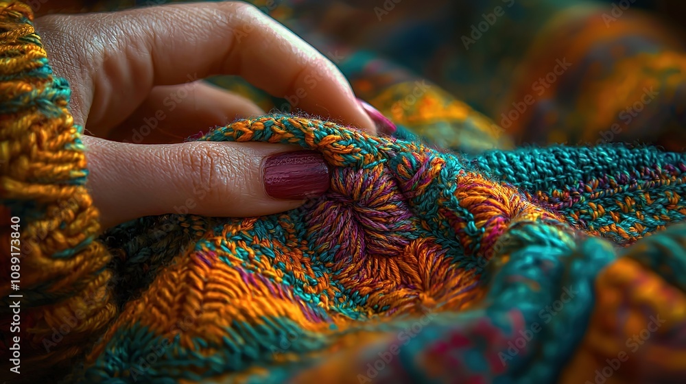 Hand holding colorful knit fabric with intricate patterns, showcasing texture and craftsmanship in cozy ambiance. Hand holding colorful knit fabric with intricate patterns, showcasing texture and craftsmanship in cozy ambiance.