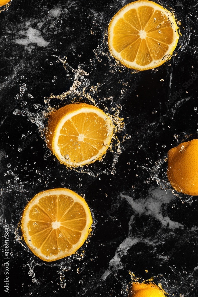 Fresh lemon slices splashing in water against a dark background. Fresh lemon slices splashing in water against a dark background.