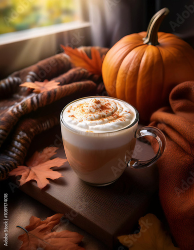 A steaming mug of pumpkin spice latte topped with whipped cream and cinnamon, next to a small pumpkin on a cozy blanket with autumn leaves