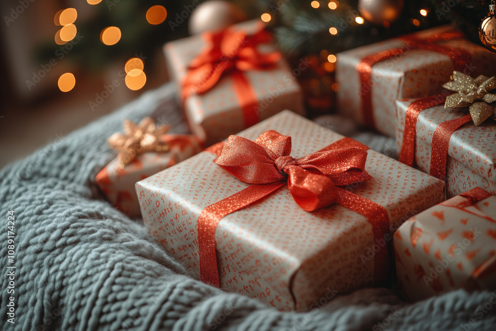 Beautifully wrapped Christmas presents decorated with bright orange ribbons and bows. Beautifully wrapped Christmas presents decorated with bright orange ribbons and bows.