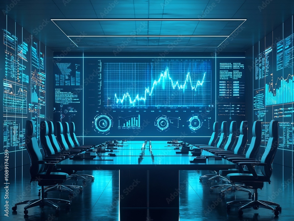 High Tech Corporate Boardroom with Real Time Digital Charts Displaying Financial and Data High Tech Corporate Boardroom with Real Time Digital Charts Displaying Financial and Data