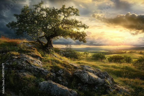 Majestic lone tree atop rocky hill with dramatic sunset in the background, creating a serene yet powerful landscape with vibrant colors and dynamic cloud formations.