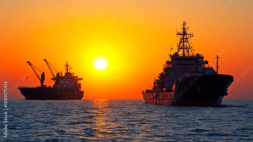 Sunrise at a Busy Port with Cranes Loading Ships Sunrise at a Busy Port with Cranes Loading Ships