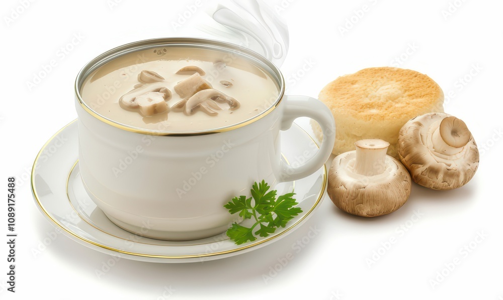 Plate with rich organic cream of mushroom soup on white background. healthy food concept Plate with rich organic cream of mushroom soup on white background. healthy food concept