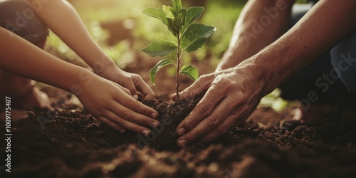 Family planting a tree together in their backyard, teaching sustainability and togetherness,