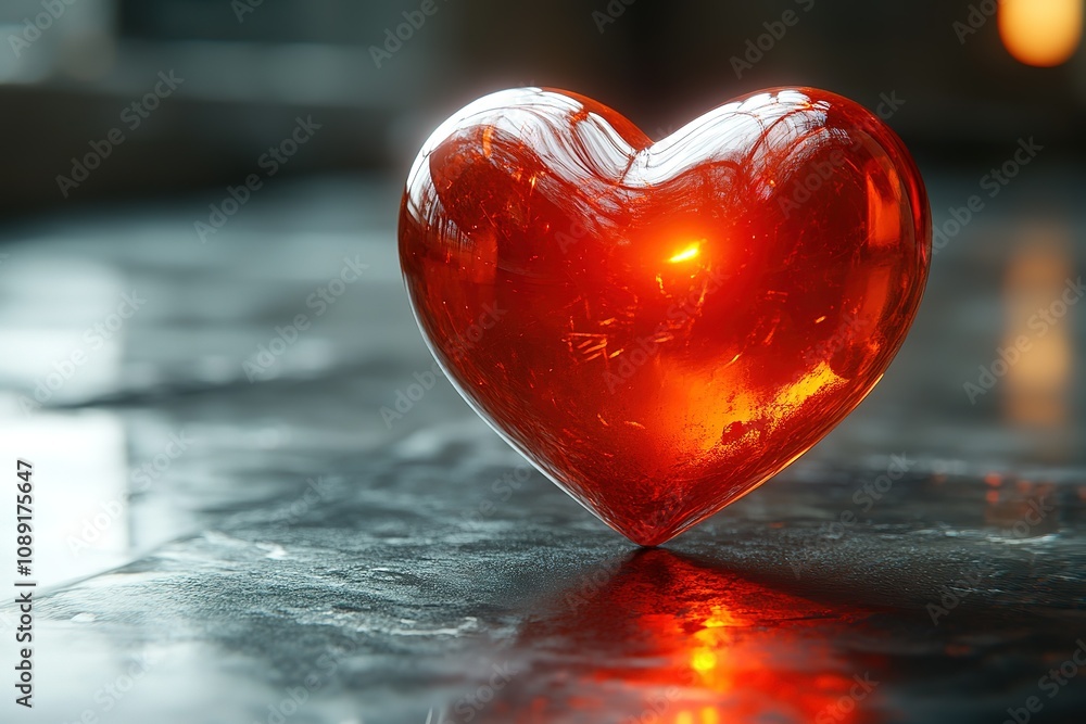 A heart made of glass sits on a dark surface