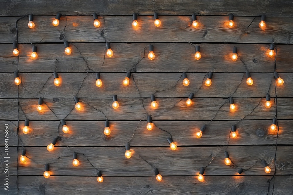 Warm LED Garlands on Wooden Rustic Background Warm LED Garlands on Wooden Rustic Background