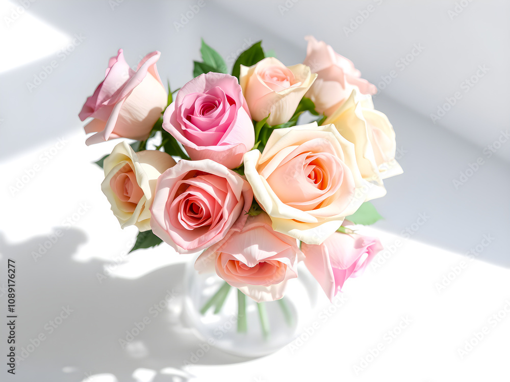 Bouquet of pink and white roses in vase on white background Bouquet of pink and white roses in vase on white background