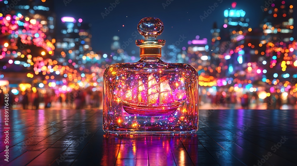 Magical Ship in a Bottle Night City Lights Fantasy Artwork Magical Ship in a Bottle Night City Lights Fantasy Artwork