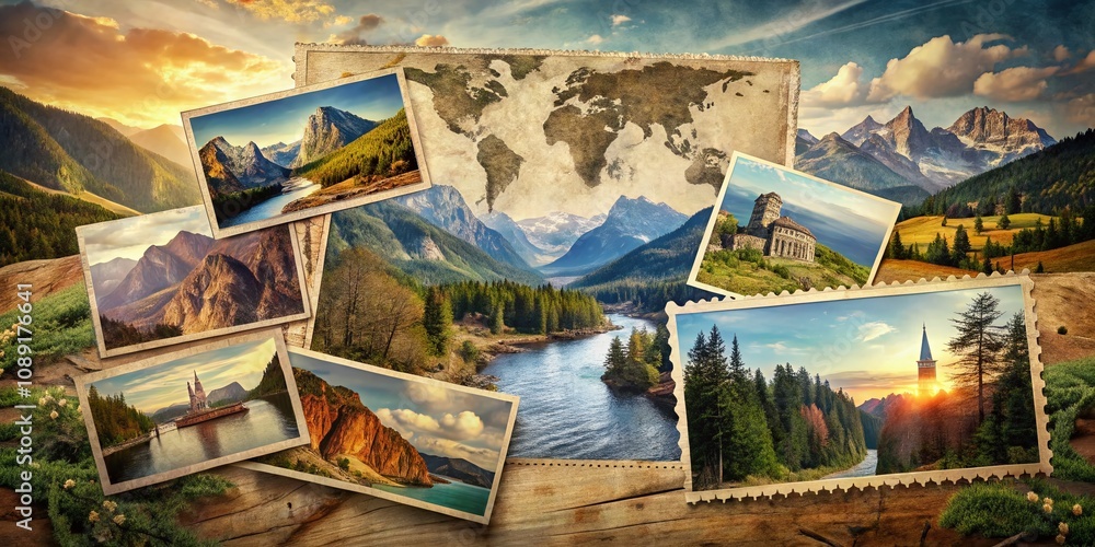 Double Exposure Photography of a Postcard's Reverse Side Featuring Vintage Postal Stamps and Travel Memories, Blending Scenic Landscapes and Nostalgic Elements for a Unique Visual Experience Double Exposure Photography of a Postcard's Reverse Side Featuring Vintage Postal Stamps and Travel Memories, Blending Scenic Landscapes and Nostalgic Elements for a Unique Visual Experience