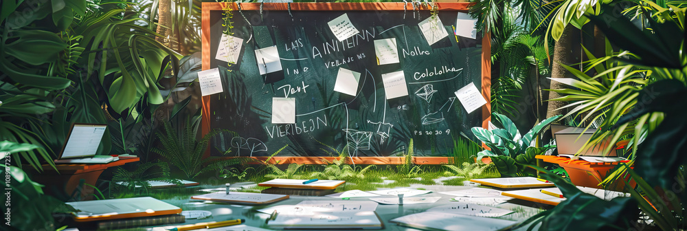 An inspiring brainstorming session in a lush garden, with notes scribbled on paper tablets and ideas captured on a chalkboard. An inspiring brainstorming session in a lush garden, with notes scribbled on paper tablets and ideas captured on a chalkboard.