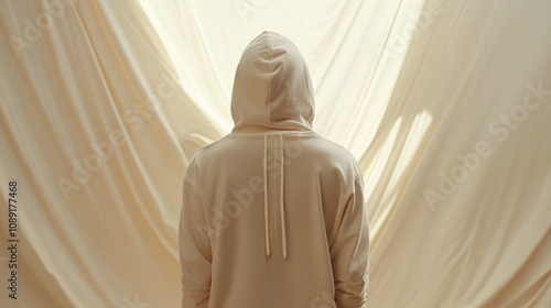 A person in a beige hoodie stands against a backdrop of soft, draped fabric.