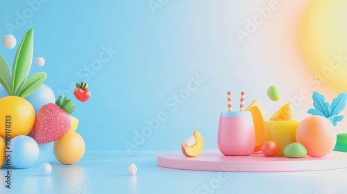 Vibrant 3D Scene with Colorful Fruits and Shapes on a Smooth Gradient Background, Ideal for Custom Craft and Handmade Projects