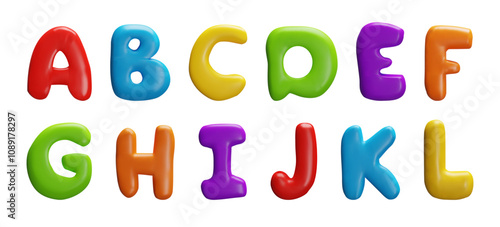 Vector 3D illustration of the English alphabet with thick multi-colored plastic letters.